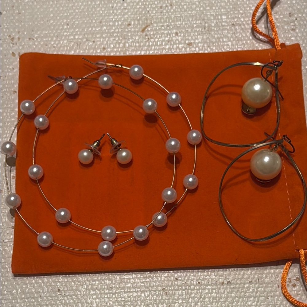 Set of 3 pearl earrings: studs, hoops, drops